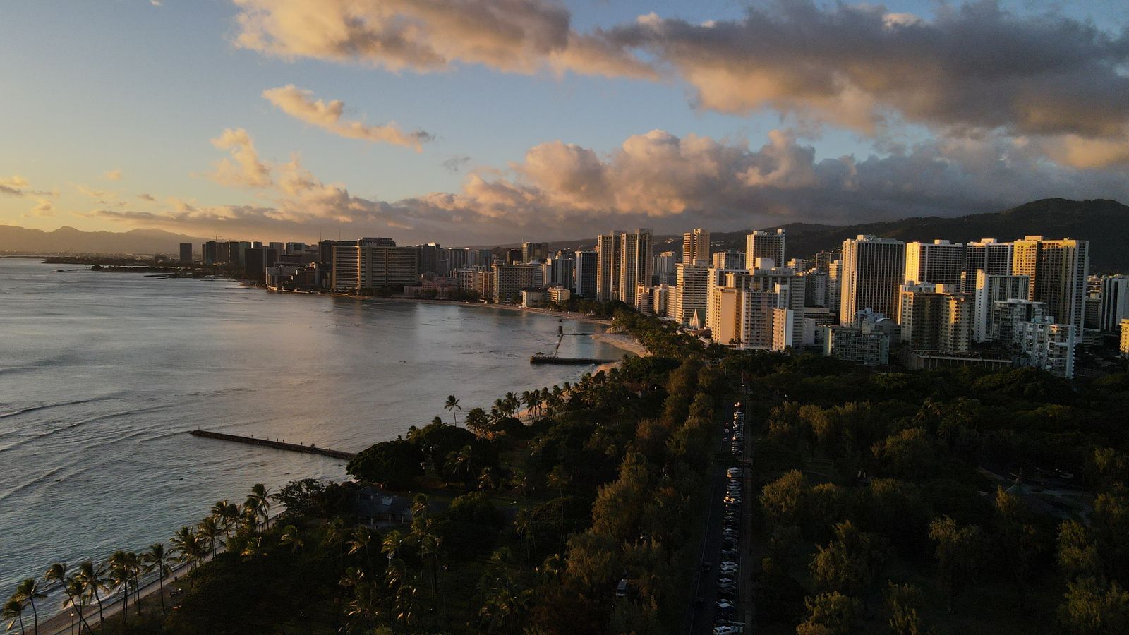 Honolulu skyline at dusk over the Pacific