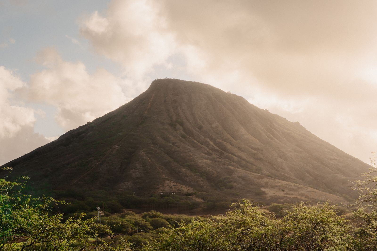 Koko Head crater glowing in warm evening light